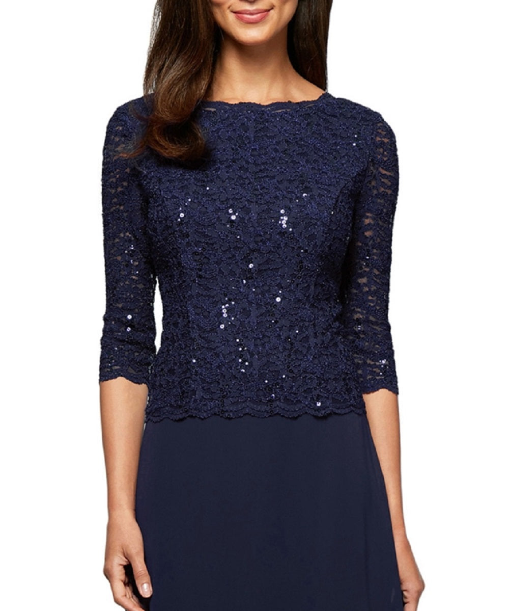 Vestido de festa feminino Alex Evenings com lantejoulas e chiffon, azul, tamanho 6
