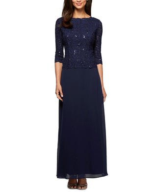 Alex Evenings Women's Sequin Lace & Chiffon Gown Blue Size 6