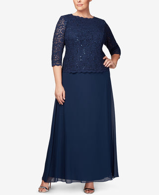 Alex Evenings Women's Mock Two Piece A Line Gown Blue Size 24W