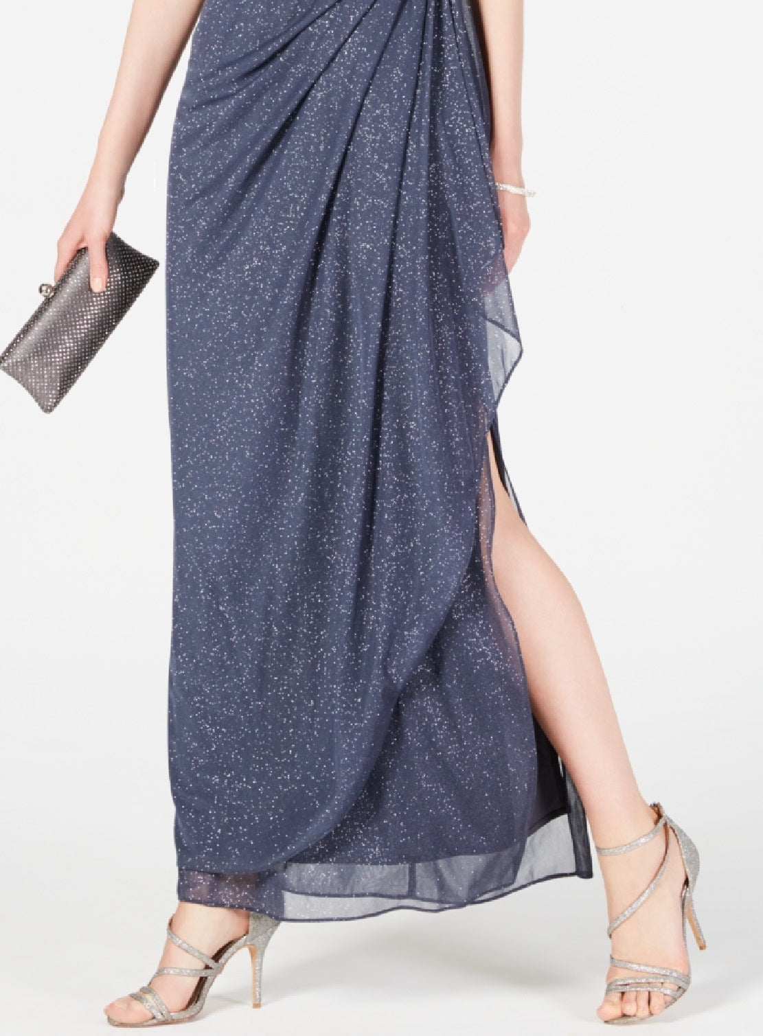 Vestido feminino Alex Evenings com ombros descobertos e babados e glitter, cinza, tamanho 8 pequeno