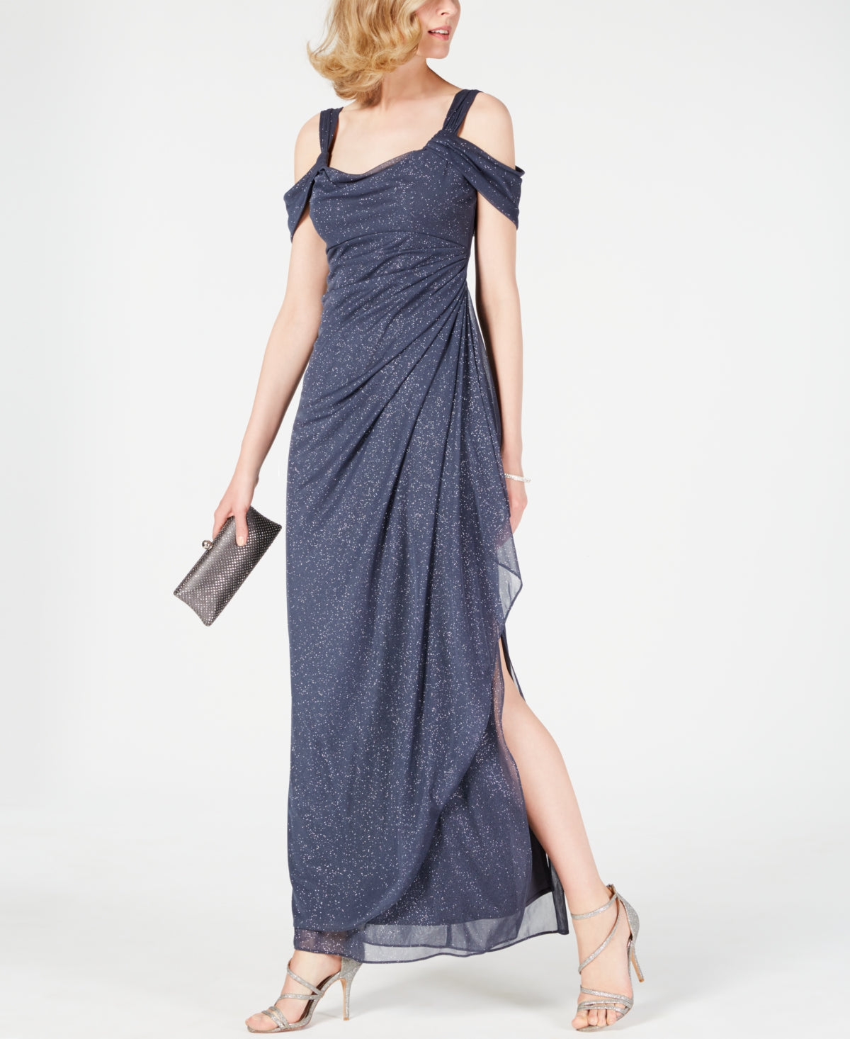Vestido feminino Alex Evenings com ombros descobertos e babados e glitter, cinza, tamanho 8 pequeno