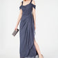 Vestido feminino Alex Evenings com ombros descobertos e babados e glitter, cinza, tamanho 14, pequeno