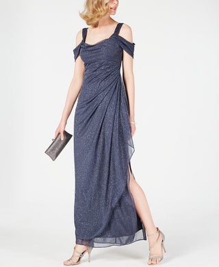 Alex Evenings Women's Cold Shoulder Ruffle Glitter Gown Gray Size 14 Petite