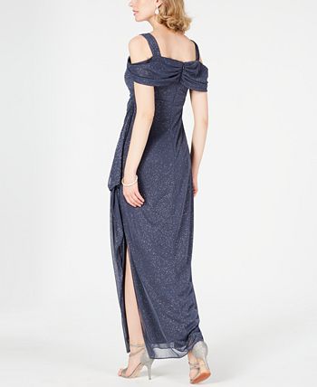 Vestido feminino Alex Evenings com ombros descobertos e babados e glitter, cinza, tamanho 14, pequeno