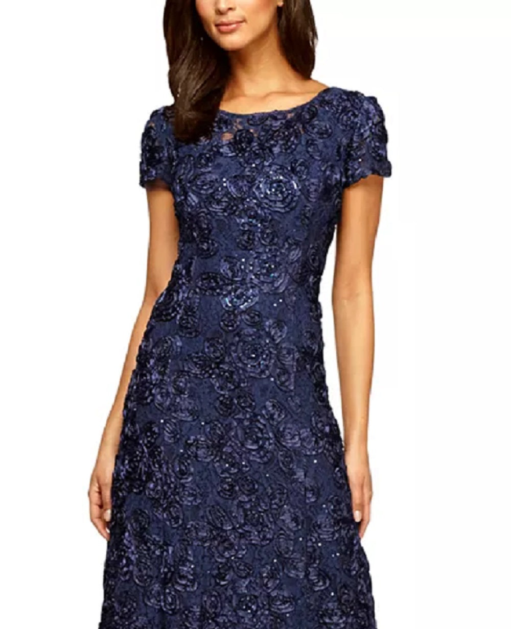 Vestido de festa feminino Alex Evenings com decote em A e renda, azul, tamanho 12