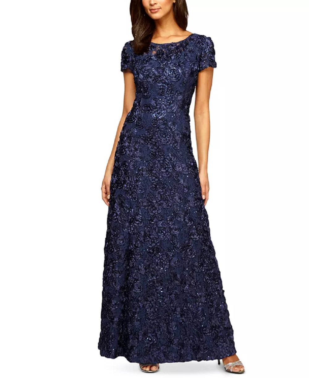 Vestido de festa feminino Alex Evenings com decote em A e renda, azul, tamanho 12