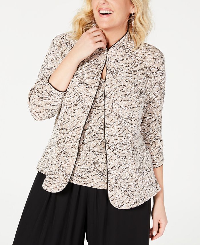 Conjunto de duas peças feminino Alex Evenings com estampa floral bege, tamanho 2X