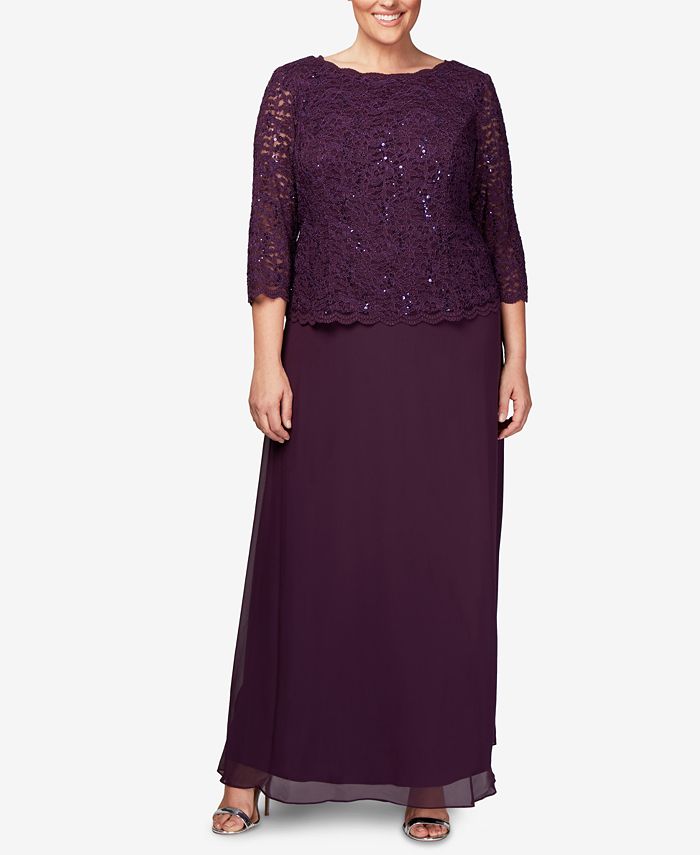Vestido de festa feminino Alex Evenings, duas peças, corte A, roxo, tamanho 18W