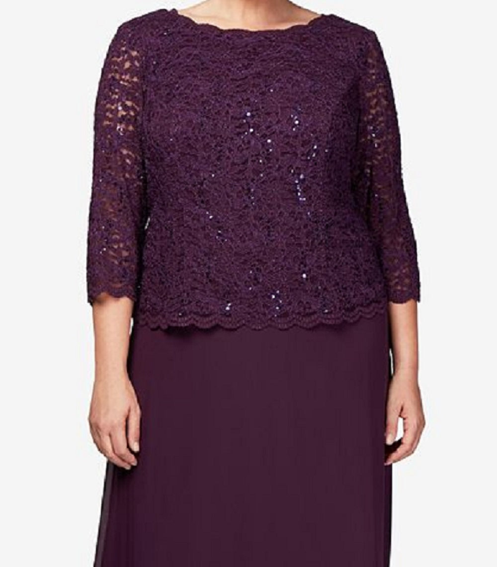 Vestido de festa feminino Alex Evenings, duas peças, corte A, roxo, tamanho 20W