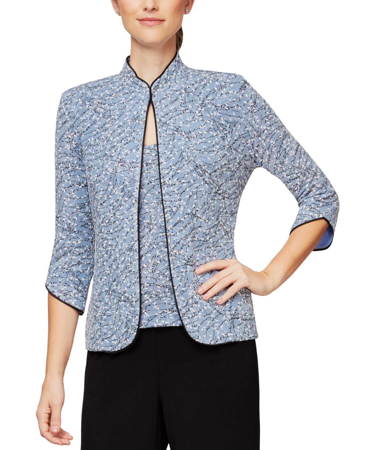 Conjunto de jaqueta e blusa estampada feminina Alex Evenings, azul, tamanho pequeno médio