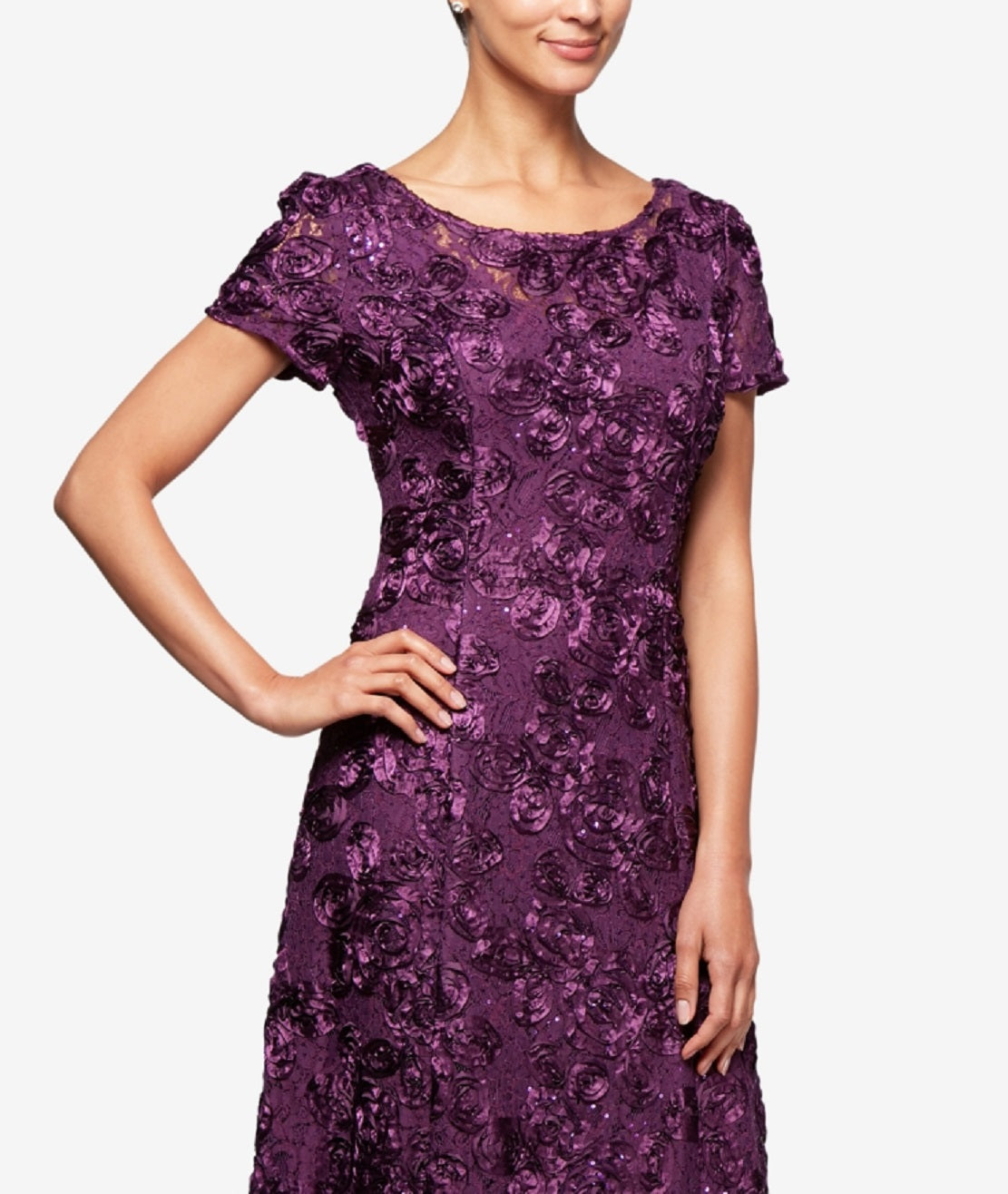 Vestido de festa feminino Alex Evenings com decote em A e renda, roxo, tamanho 14