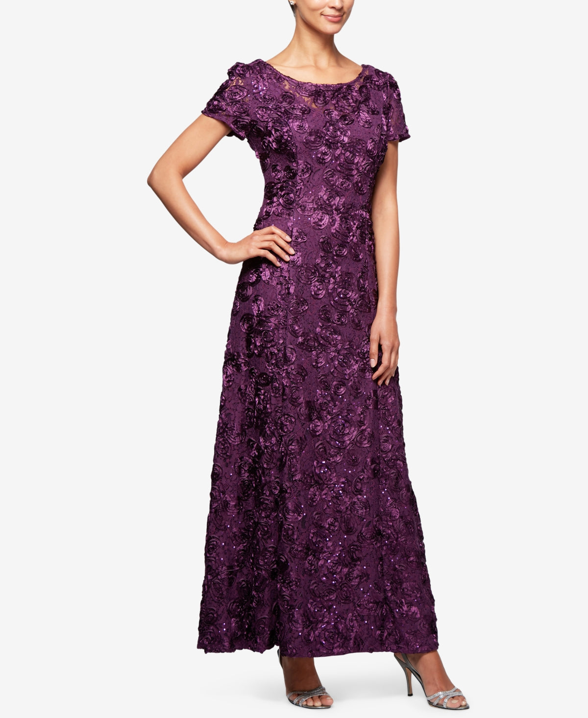Vestido de festa feminino Alex Evenings com decote em A e renda, roxo, tamanho 14