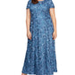 Vestido de festa feminino Alex Evenings com renda roseta e manga curta, corte A, azul, tamanho 14W