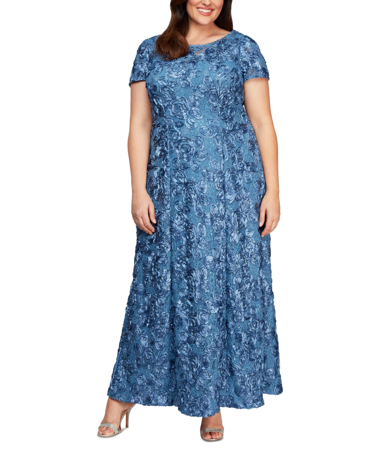 Vestido de festa feminino Alex Evenings com renda roseta e manga curta, corte A, azul, tamanho 14W