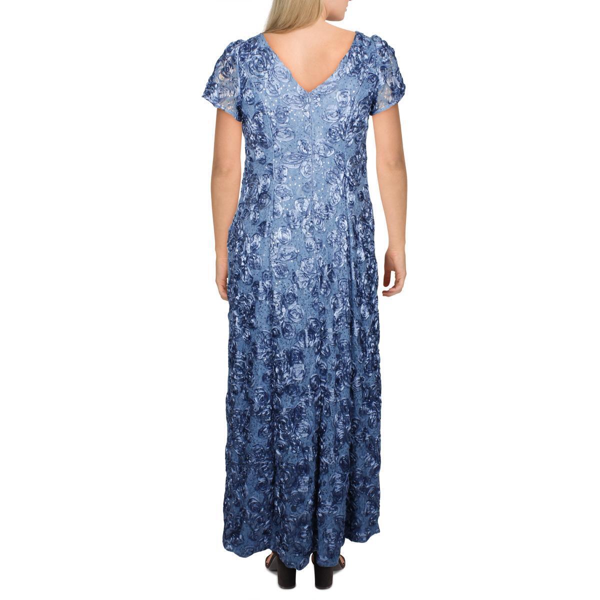 Vestido de festa feminino Alex Evenings com renda roseta e manga curta, corte A, azul, tamanho 14W