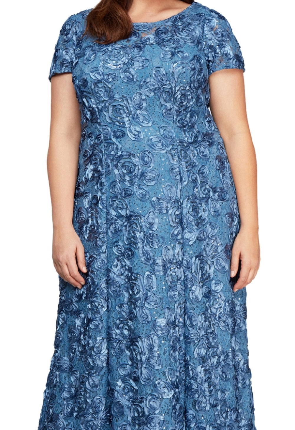 Vestido de festa feminino Alex Evenings com renda roseta e manga curta, corte A, azul, tamanho 14W