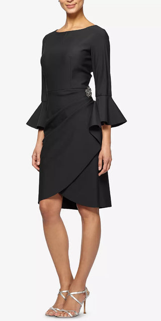 Alex Evenings Bell-Sleeve Draped Compression Sheath Dress Black Size 10