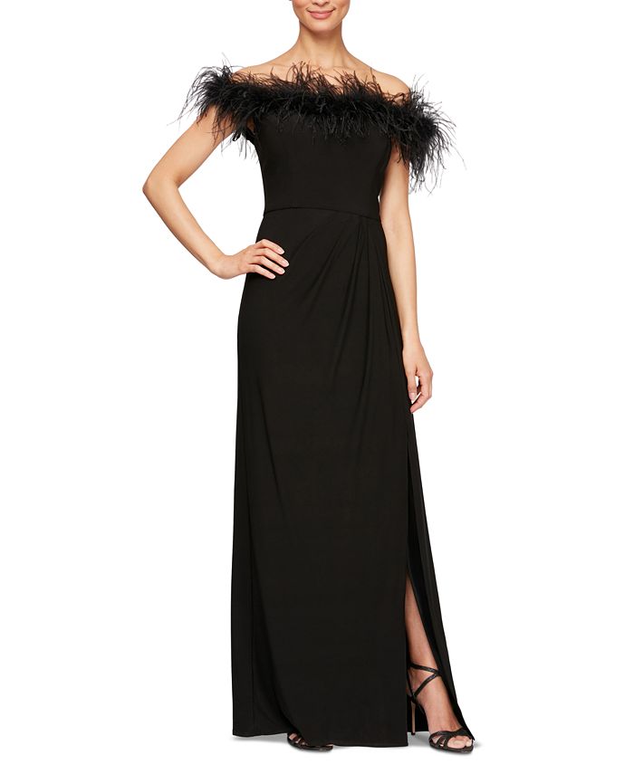 Vestido de festa feminino Alex Evenings com decote ombro a ombro e acabamento em penas, preto, tamanho 6