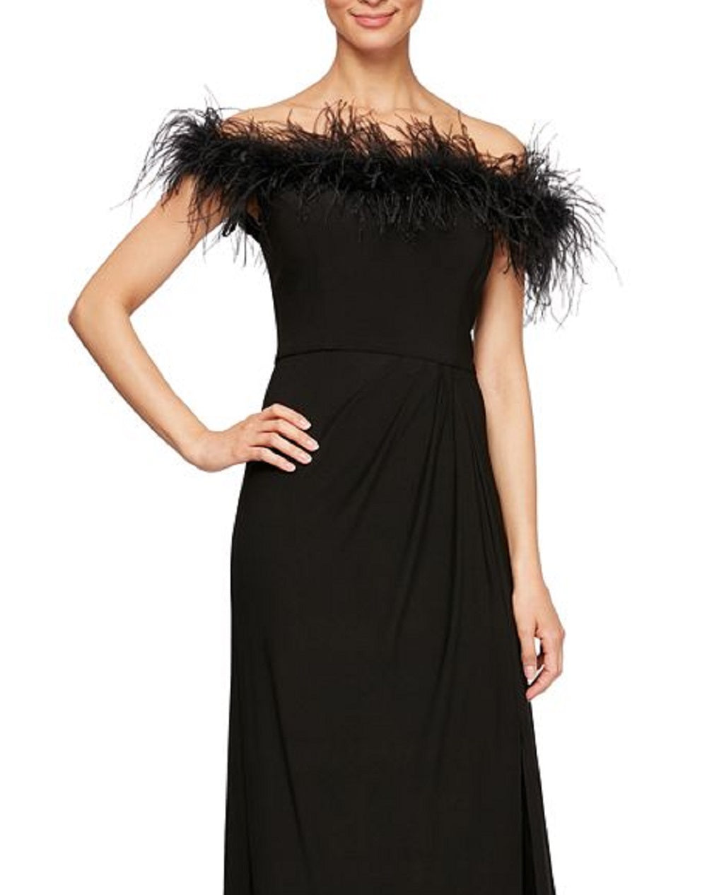 Vestido de festa feminino Alex Evenings com decote ombro a ombro e acabamento em penas, preto, tamanho 6
