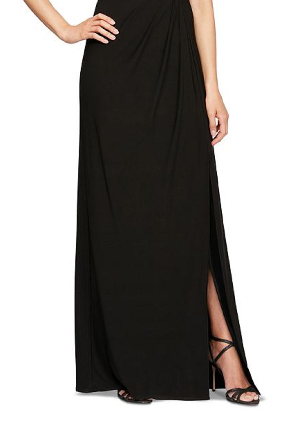 Vestido de festa feminino Alex Evenings com decote ombro a ombro e acabamento em penas, preto, tamanho 6