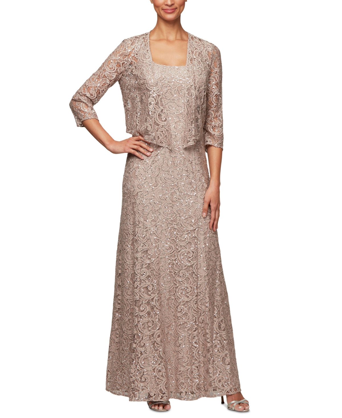 Vestido de festa feminino Alex Evenings com lantejoulas e renda, marrom, tamanho 16