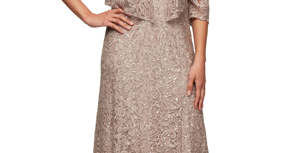 Vestido de festa feminino Alex Evenings com lantejoulas e renda, marrom, tamanho 16