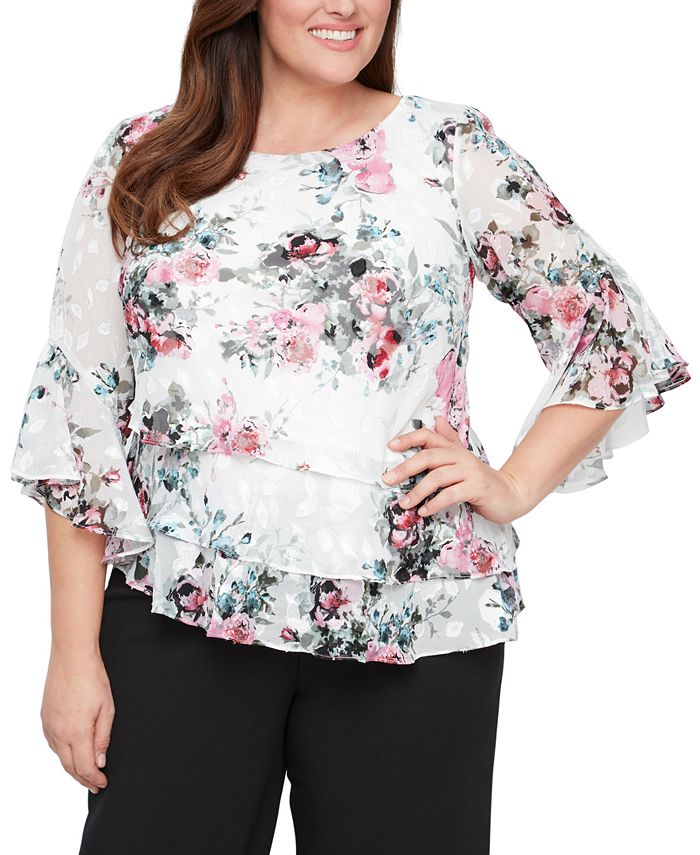 Blusa feminina estampada floral Alex Evenings, branca, tamanho 1X