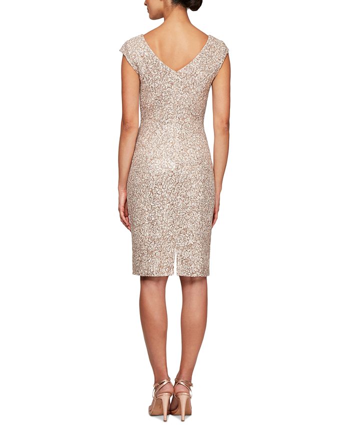 Vestido justo feminino Alex Evenings com manga curta e lantejoulas e renda, tamanho 16, branco