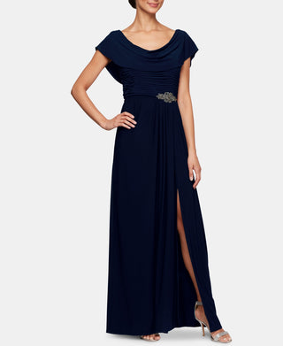 Alex Evenings Women's Cowl Neck Beaded Waist Gown Blue Size 12