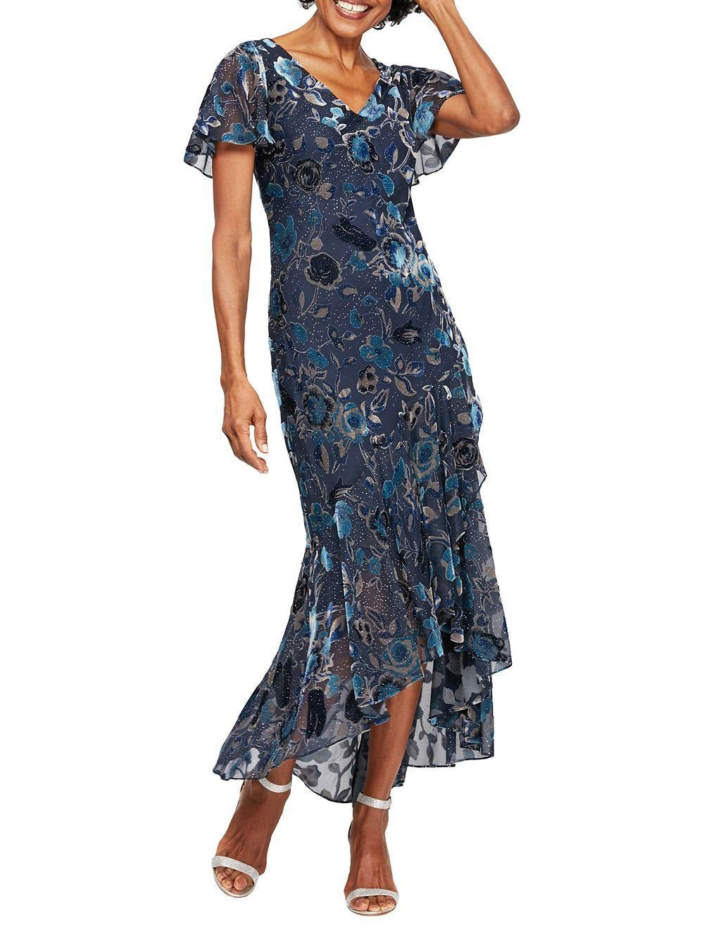 Vestido feminino Alex Evenings com estampa floral de veludo azul, tamanho 10