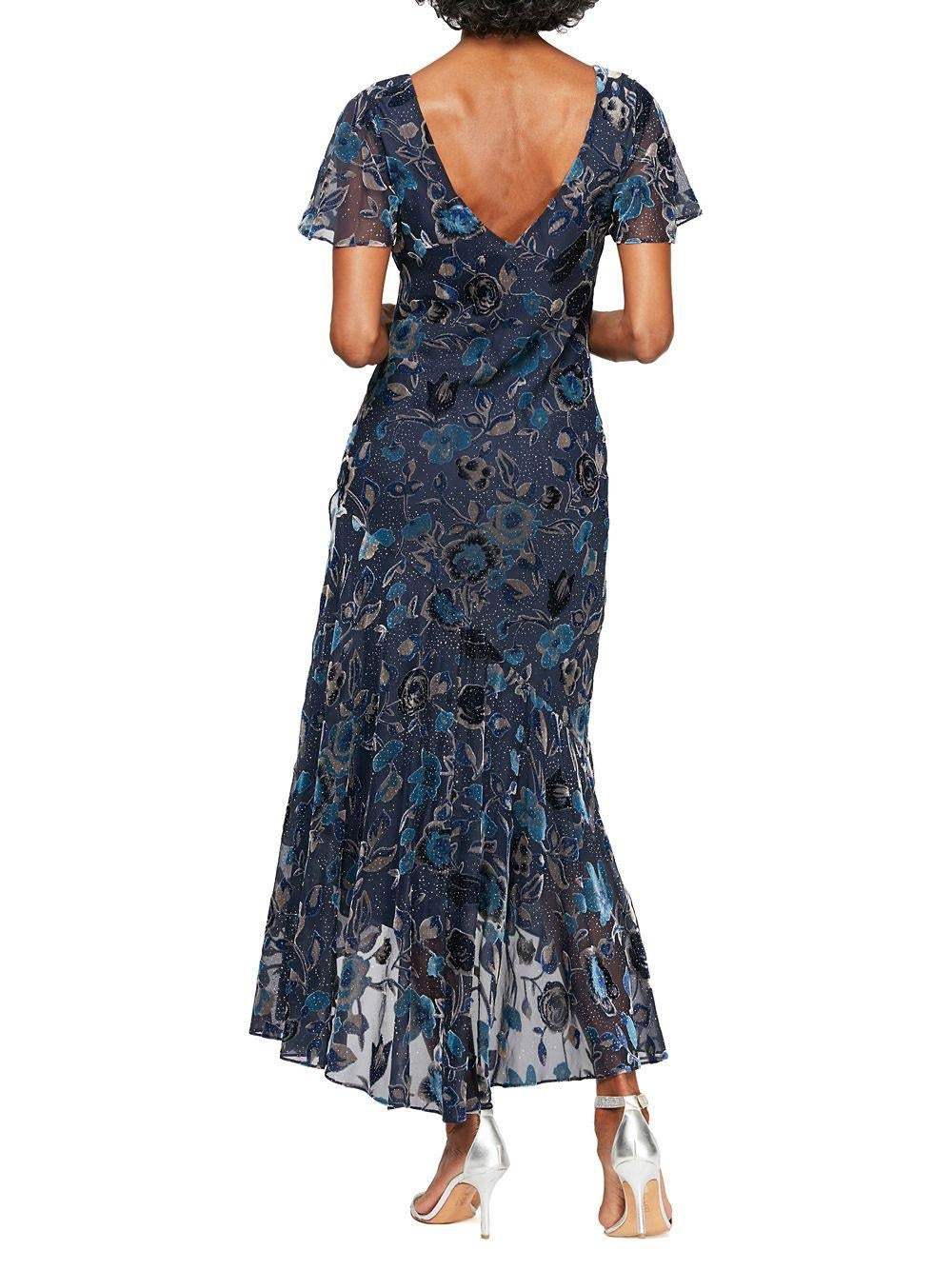 Vestido feminino Alex Evenings com estampa floral de veludo azul, tamanho 10