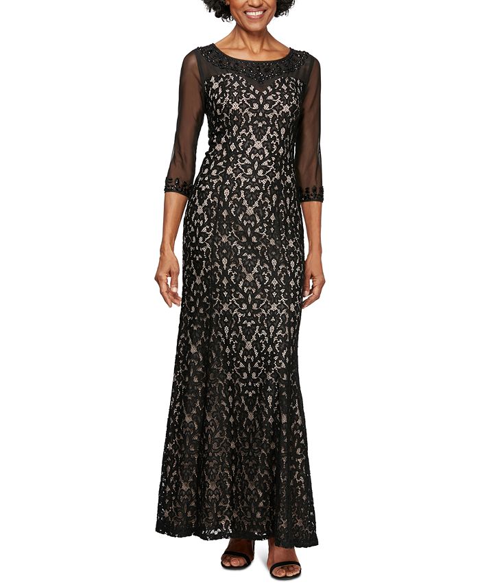 Vestido feminino Alex Evenings com decote redondo, manga 3/4, zíper nas costas, bordado, malha, preto, tamanho 8, pequeno