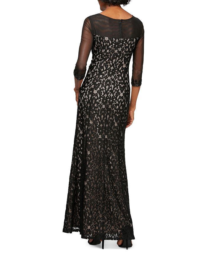 Vestido feminino Alex Evenings com decote redondo, manga 3/4, zíper nas costas, bordado, malha, preto, tamanho 8, pequeno