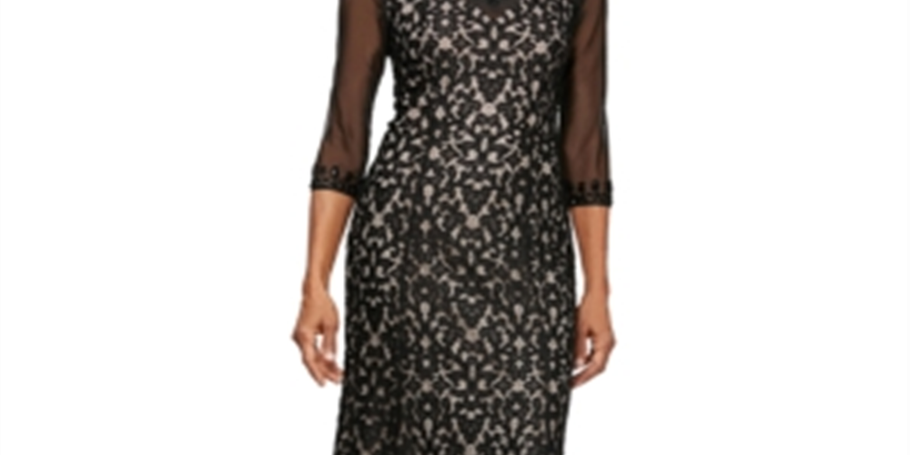 Vestido feminino Alex Evenings com decote redondo, manga 3/4, zíper nas costas, bordado, malha, preto, tamanho 8, pequeno