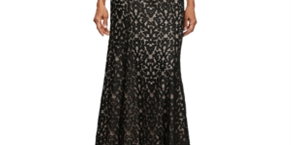 Vestido feminino Alex Evenings com decote redondo, manga 3/4, zíper nas costas, bordado, malha, preto, tamanho 8, pequeno