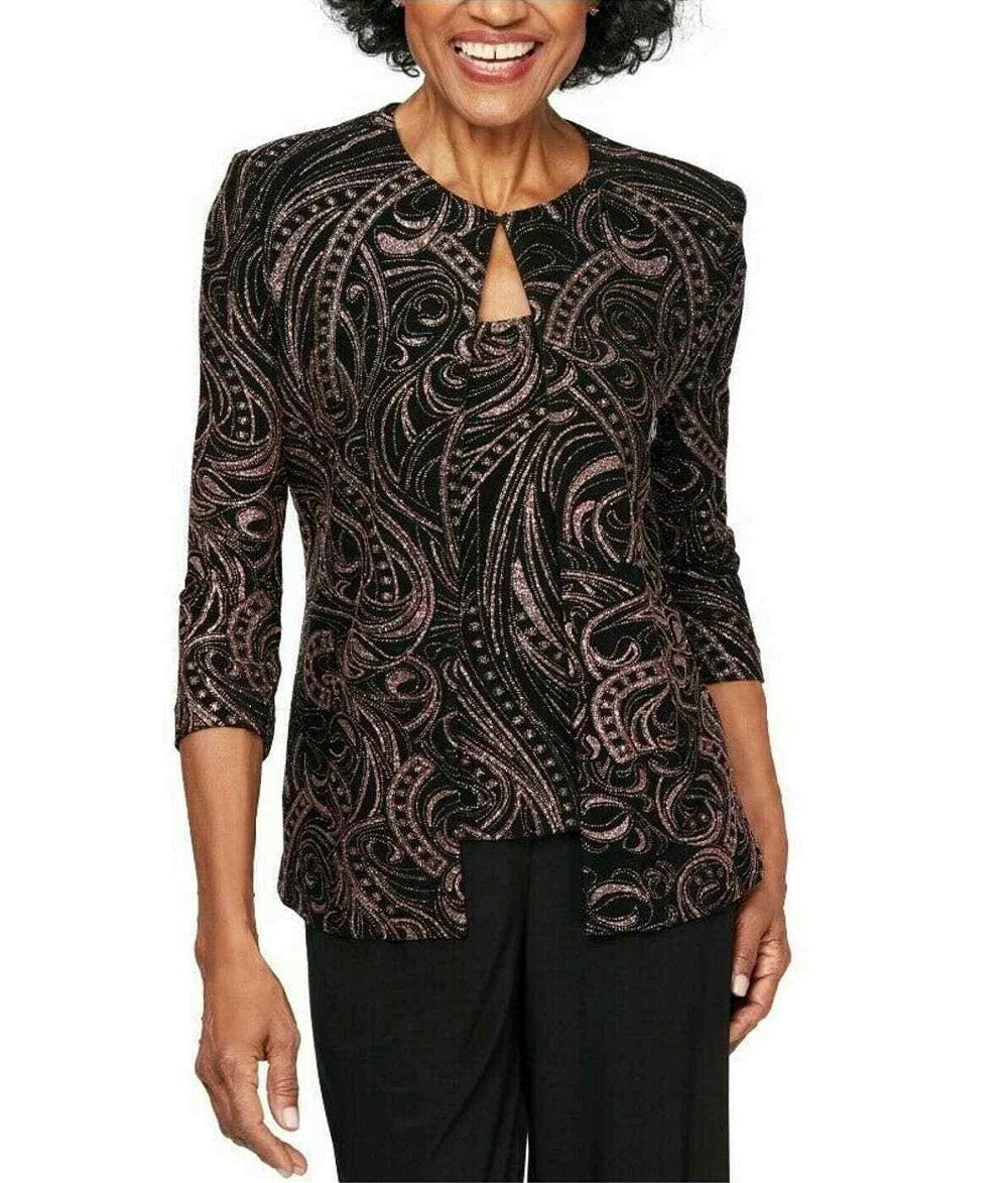 Alex Evenings Blusa de noite feminina com decote redondo e manga 3/4, preta, tamanho pequeno, extragrande