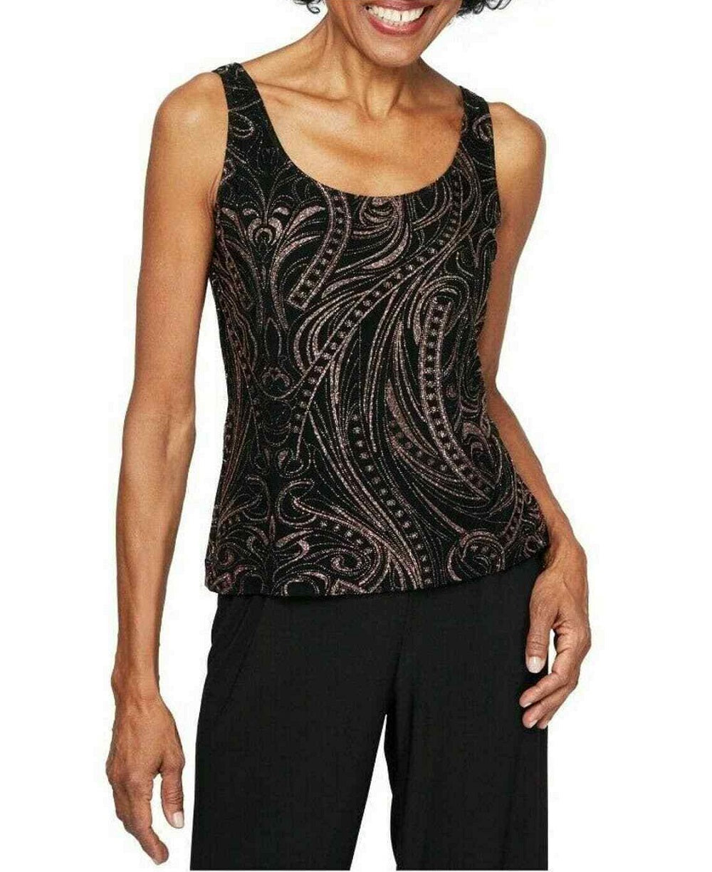 Alex Evenings Blusa de noite feminina com decote redondo e manga 3/4, preta, tamanho pequeno, extragrande