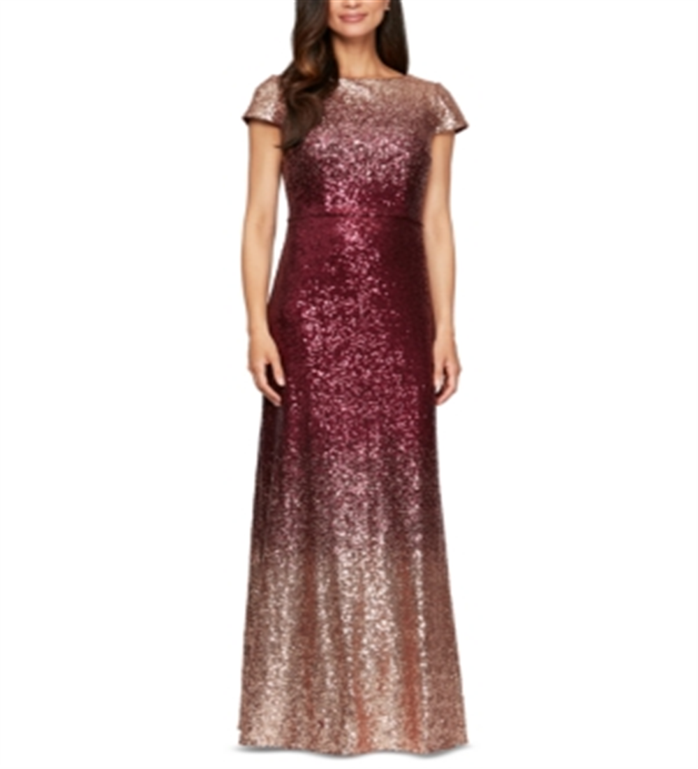 Vestido formal feminino Alex Evenings com lantejoulas e decote em V, manga curta, comprimento total, linha A, vermelho, tamanho 10