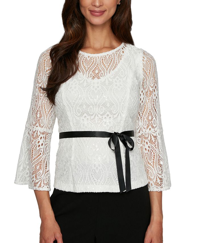 Alex Evenings Top de renda com amarração na cintura feminino, branco, tamanho extragrande