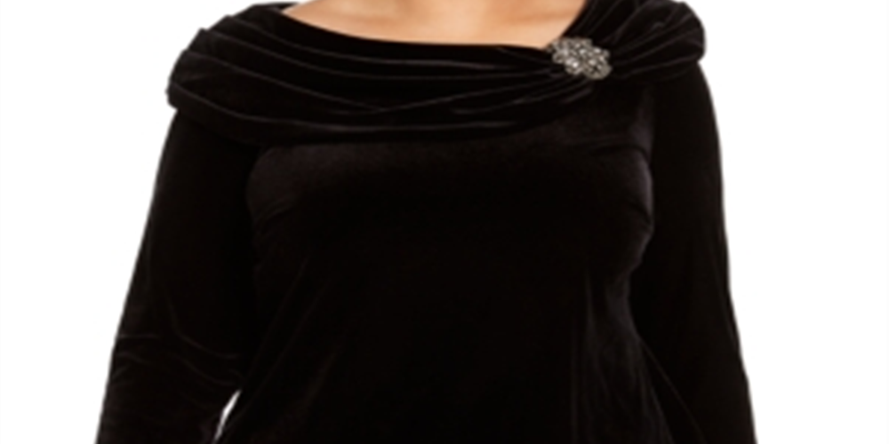 Alex Evenings Blusa de noite feminina com decote em joia e manga comprida em veludo, preta, tamanho 1X