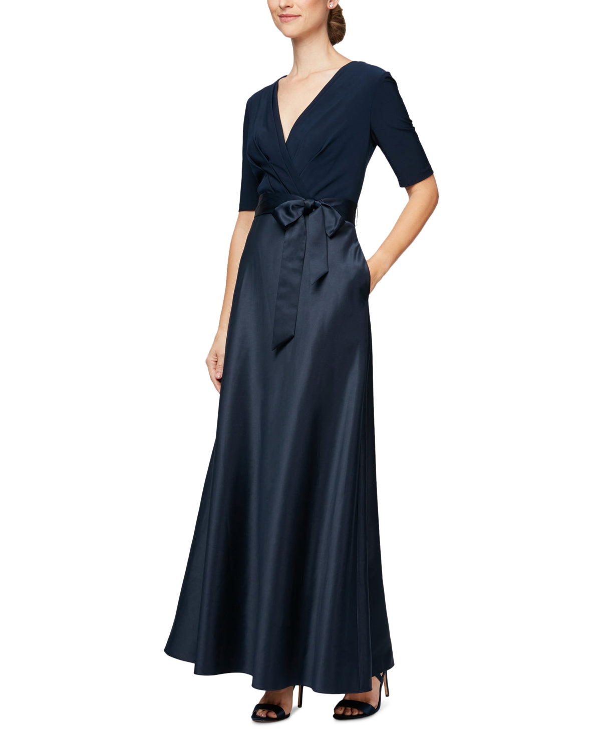 Vestido feminino Alex Evenings com decote em V e manga curta, azul, tamanho 14