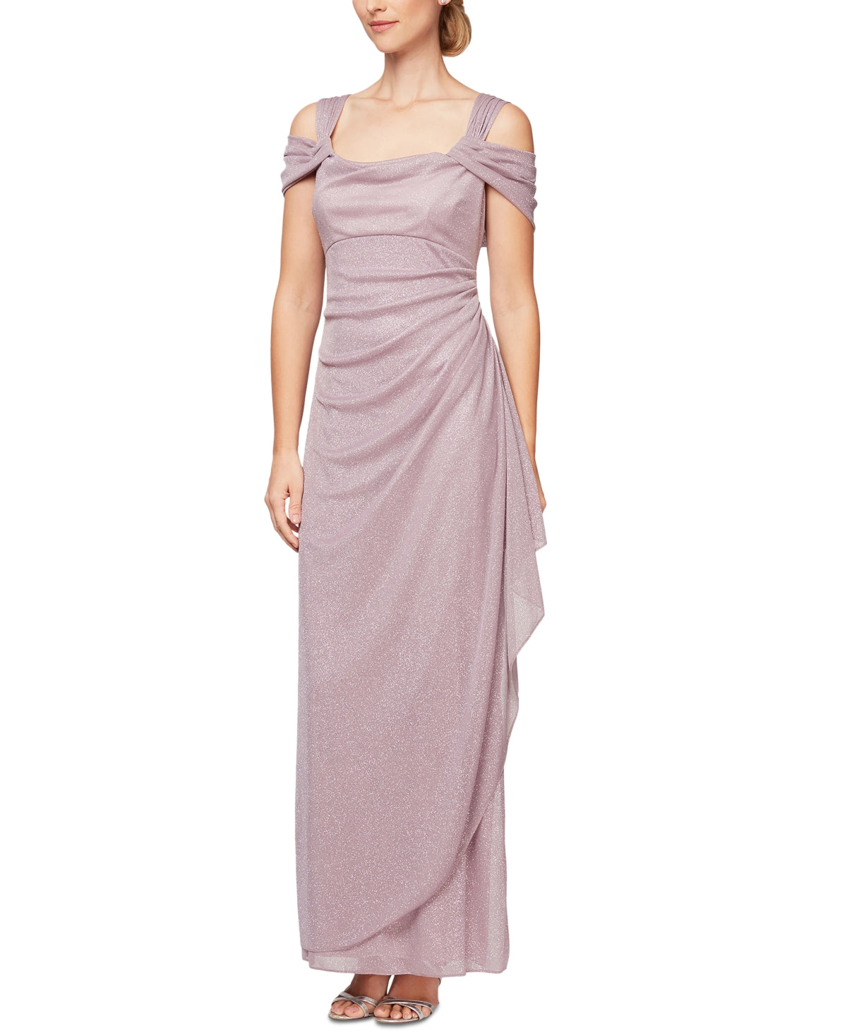 Vestido feminino Alex Evenings com ombros descobertos e drapeado metálico, rosa, tamanho 6, pequeno
