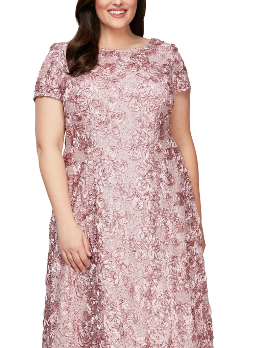 Vestido de festa feminino Alex Evenings com renda roseta e manga curta, estilo A, rosa, tamanho 18W