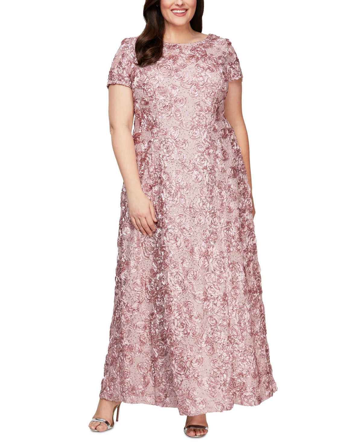 Vestido de festa feminino Alex Evenings com renda roseta e manga curta, estilo A, rosa, tamanho 18W