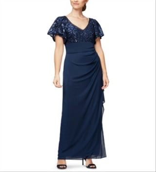 Alex Evenings Women's Short Sleeve V Neck Full Length Evening Empire Waist Dress Blue Size 6 Petite