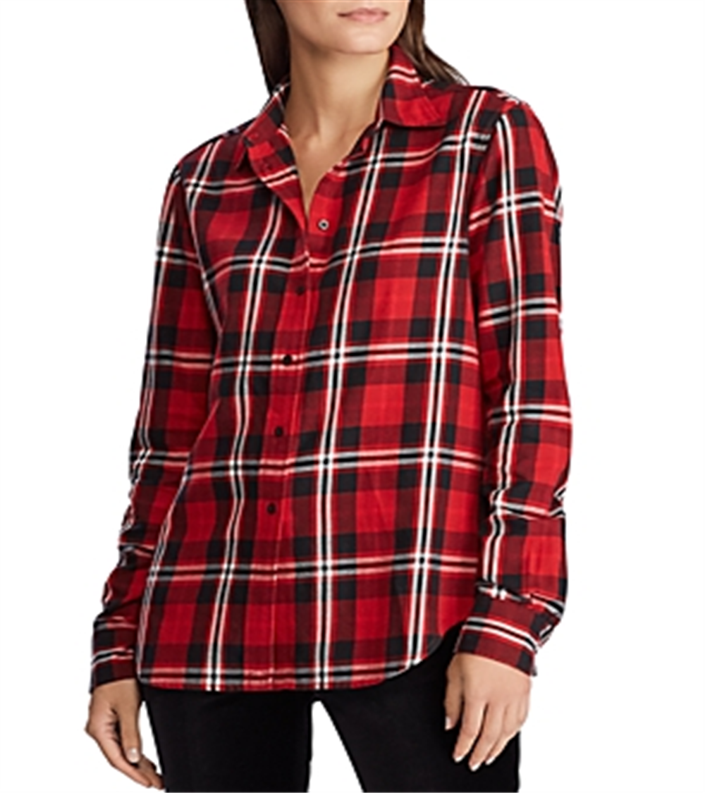 Ralph Lauren Camisa xadrez feminina para trabalho com botões, vermelha, tamanho extragrande