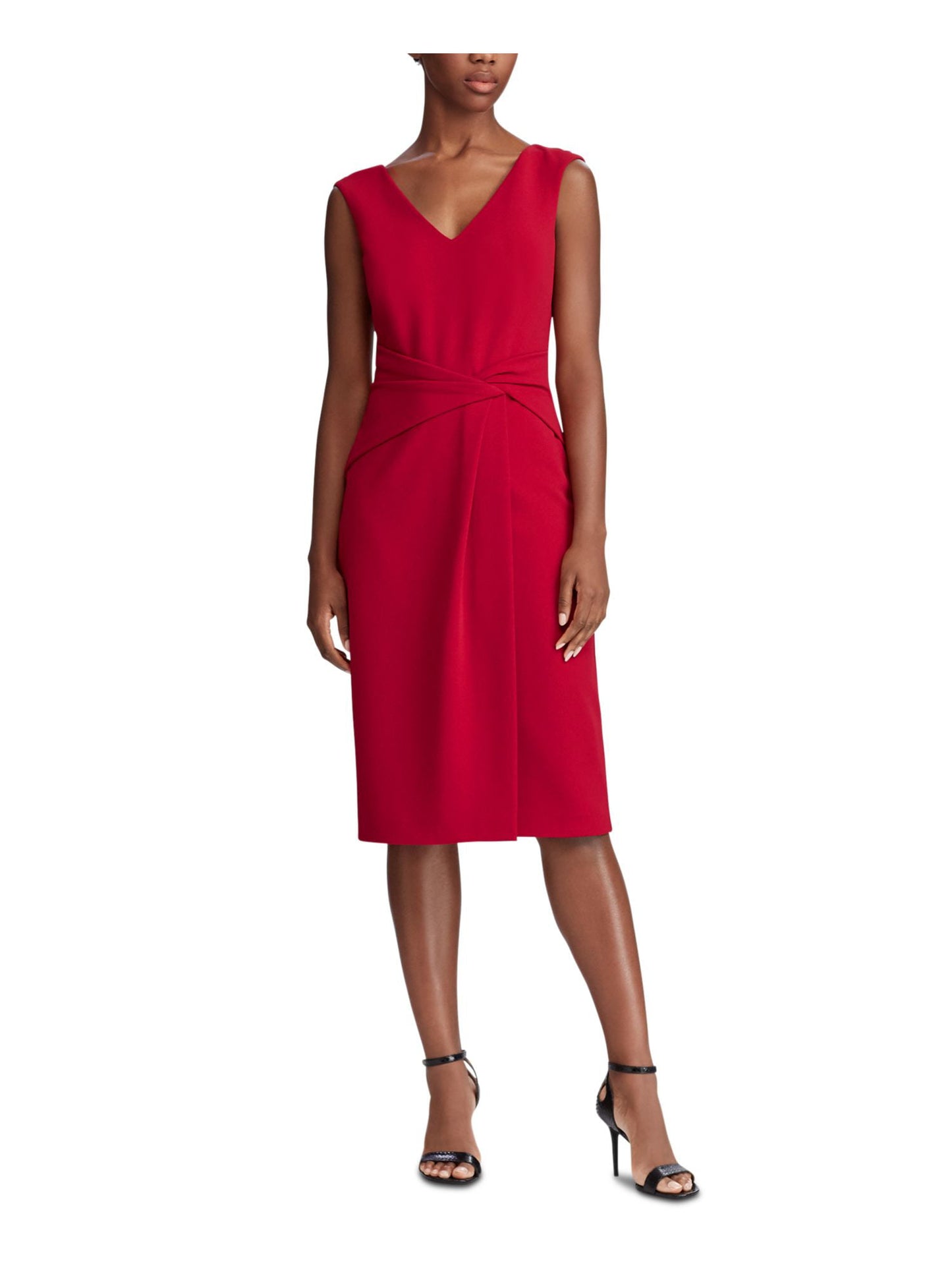 Vestido de coquetel Ralph Lauren feminino, sem mangas, com zíper e decote em V abaixo do joelho, vermelho, tamanho 16