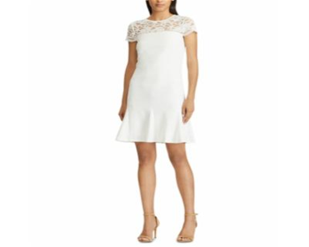 Vestido Ralph Lauren Feminino de Crepe com Renda e Jugo Branco Tamanho 16 Petite