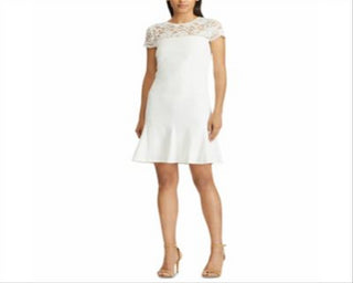 Vestido Ralph Lauren Feminino de Crepe com Renda e Jugo Branco Tamanho 16 Petite