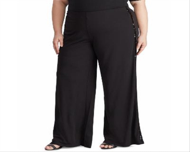 Calça listrada de smoking com lantejoulas Ralph Lauren feminina, preta, tamanho 3X